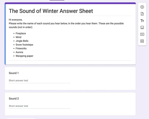 Answer Sheet Form for fun actitivies for kids