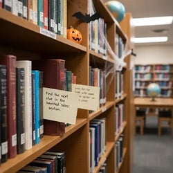 Halloween reading activities with notes on shelves