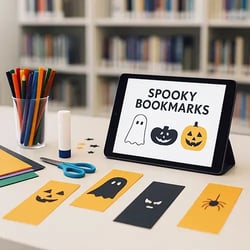 library Halloween events with bookmarks design
