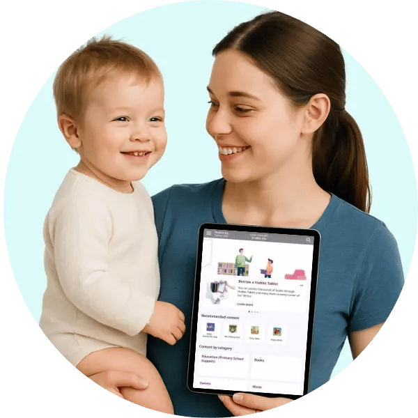 Mother holds child and tablet using Hublet